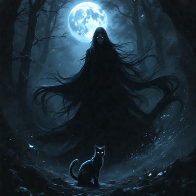 The primary subject of the image is a woman, who appears to be a witch, standing in a forest at night. She is wearing a long black dress and has a cat nearby. The setting is a dark forest with a moon in the background, creating a mysterious and eerie atmosphere. The visual style is a digital art or illustration, with the woman and the cat being the main focus of the image. The colors are predominantly dark, with the woman and the cat being the only objects with any color, giving the